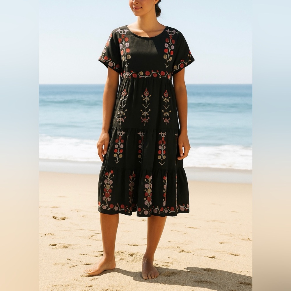 Floral Embroidered Black Dress